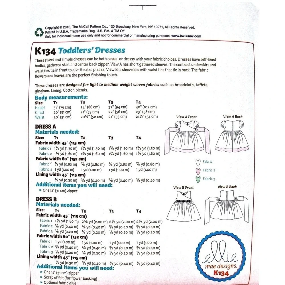 Kwik Sew Sewing Pattern K134 Party Dress Toddlers‎ Size 1-4